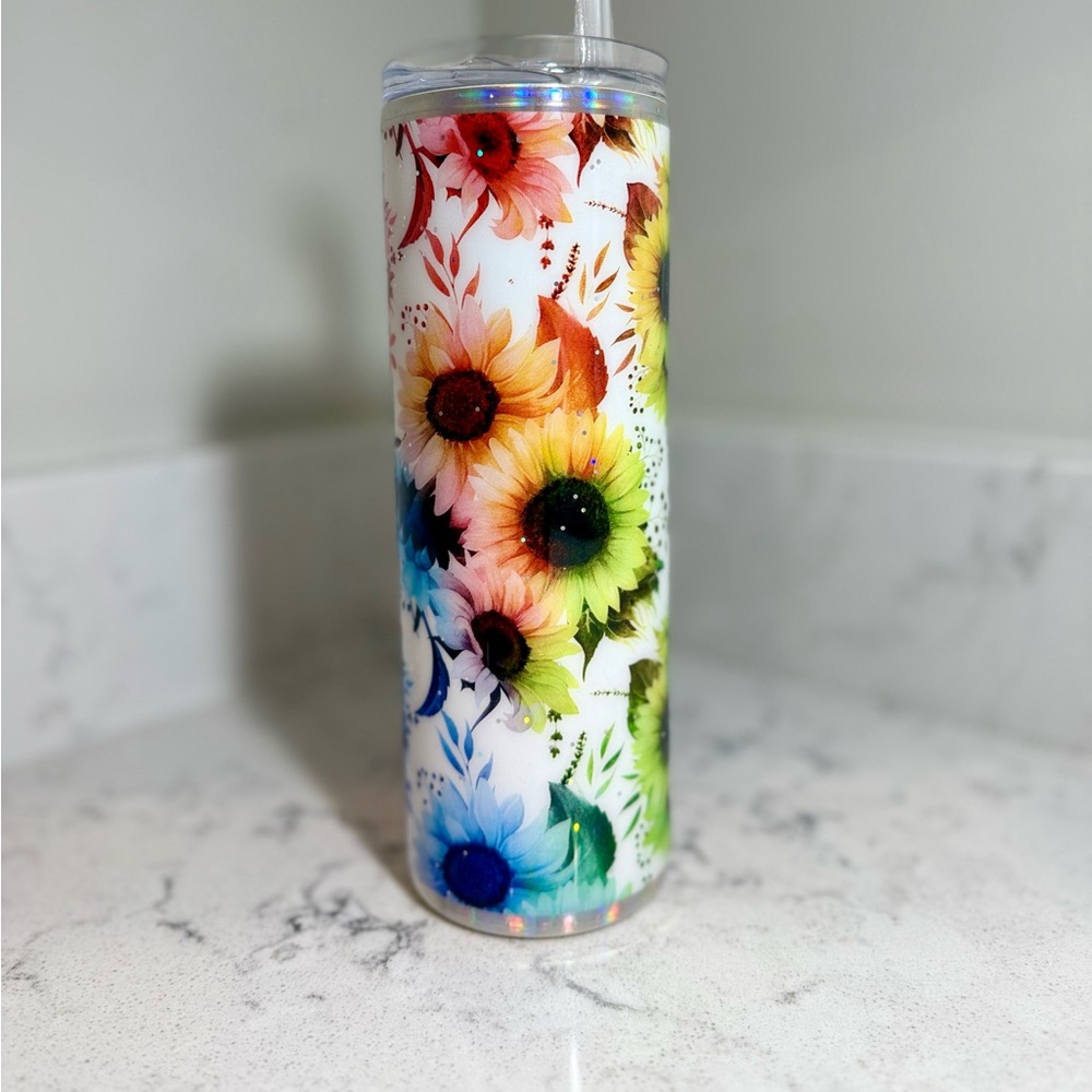 NEW-Handmade Epoxy 20oz Tumbler Bright Rainbow Daisys - Picture 3 of 7